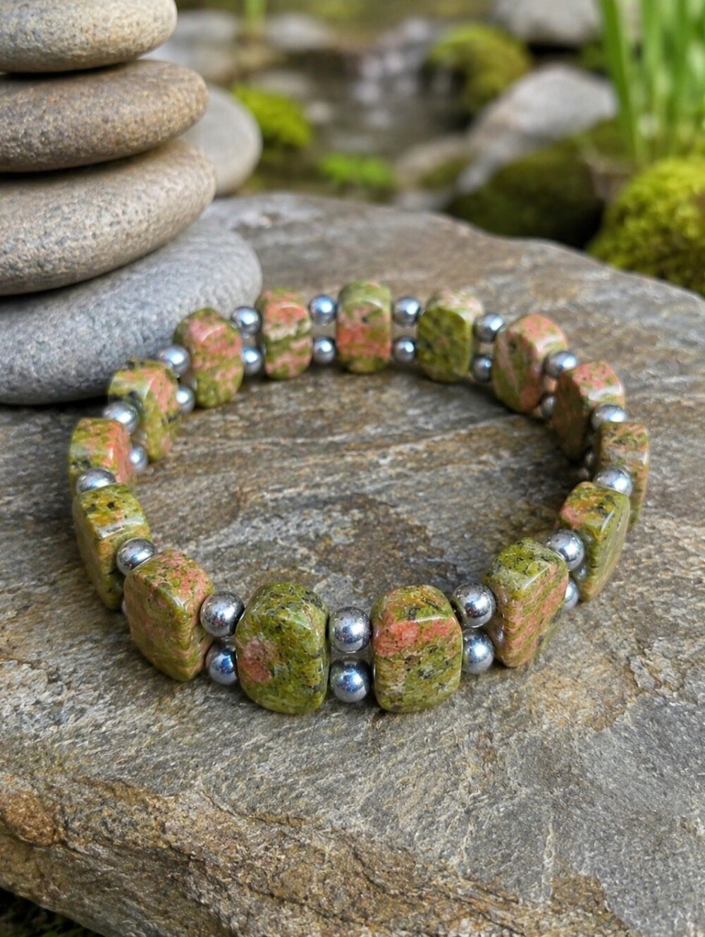 Green Unikite & Silver Hematite Beads Stretch Bracelet | Handmade